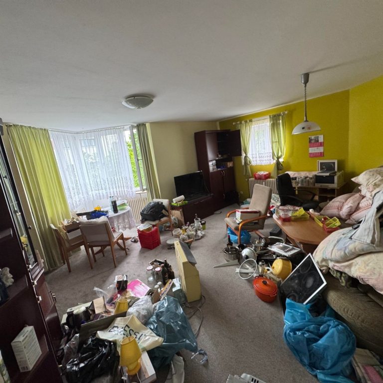 Alt-Text: Vorher-Bild eines stark zugestellten Wohnzimmers in Erlangen, vor Beginn unserer professionellen Entrümpelung.
